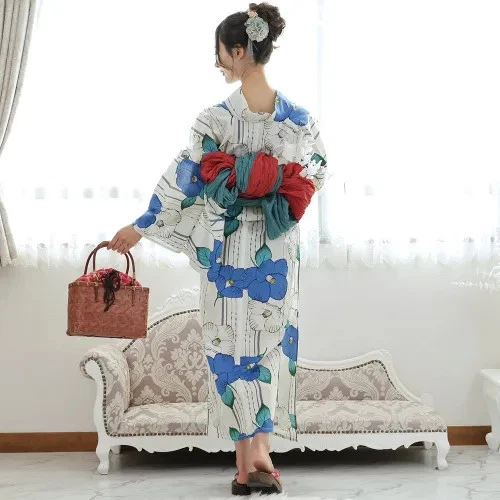 Japanese Yukata Kimono 3-piece set with a Striped Camellia Bright and Lovely - Image 4 of 4