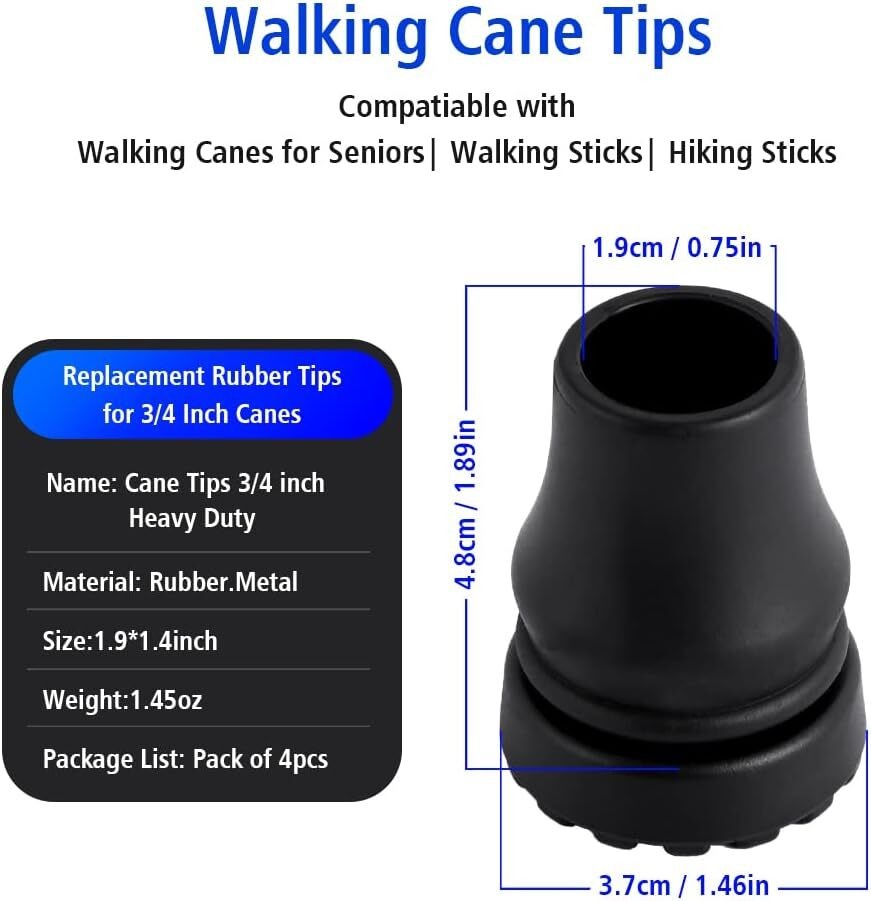 4-Pack Rubber Cane Tips 3/4 Inch Heavy Duty Walking Cane Tips Black ...