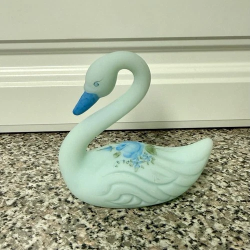 Vintage Fenton Blue Satin hand painted Swan.
