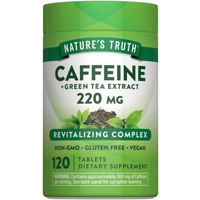 Caffeine | 220mg | 120 Count | With Green Tea Extract | Vegan, Non-GMO & Gluten