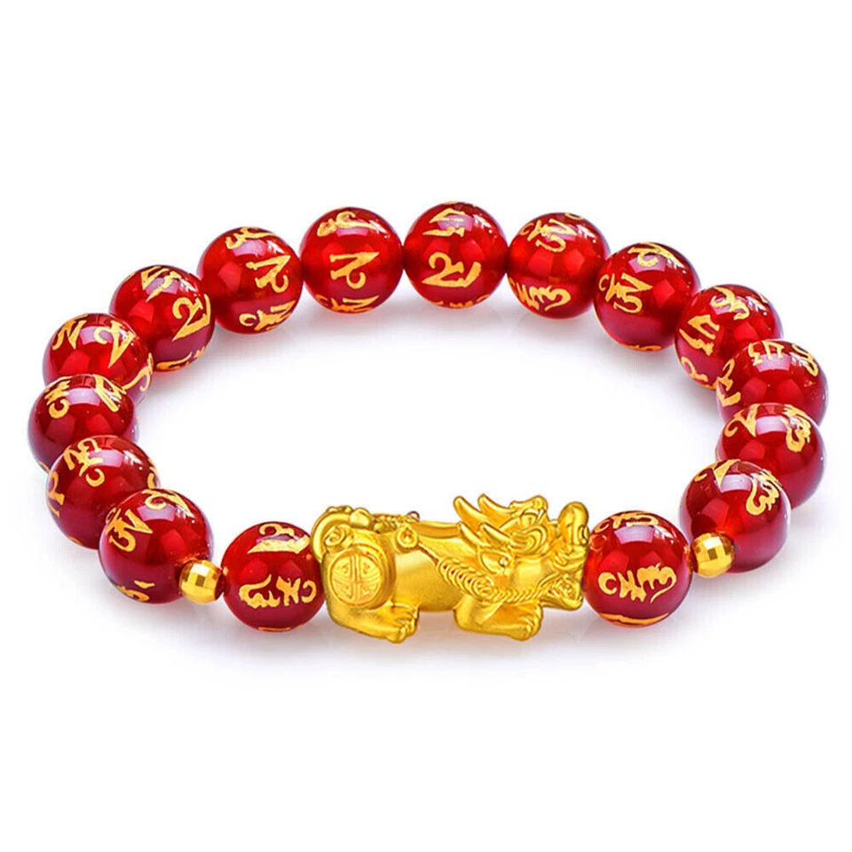 Brazalete real de oro amarillo de 24K para mujer 3D Pixiu con eslabón de ágata roja de 10 mm 7,5 pulgadas L Foto 2 de 4