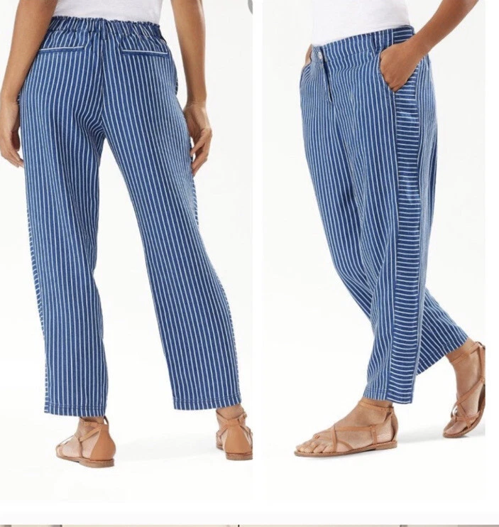 NEW Tommy Bahama Women's Fresco Stripe Indigo Crop Pants BEACH CASUAL XL $135