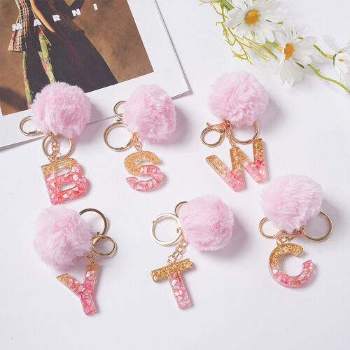 Cute Keyring Pink Pompom Ball 26 Letter Keychain Resin Key Chains Bag Charms - Bild 1 von 37