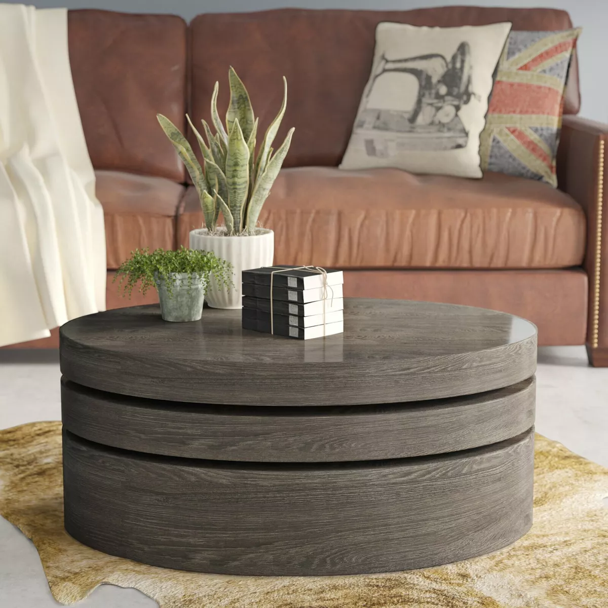 3 Level Black Oak Finish Rotating Coffee Cocktail Table Home
