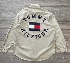 Vtg Tommy Hilfiger Tan Heavy Cotton Crest Big Flag Spell Out Logo Shirt LARGE