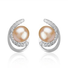 White Rhodium 925 Silver Pink Pearl Gemstone Designer Stud Earrings For Girls