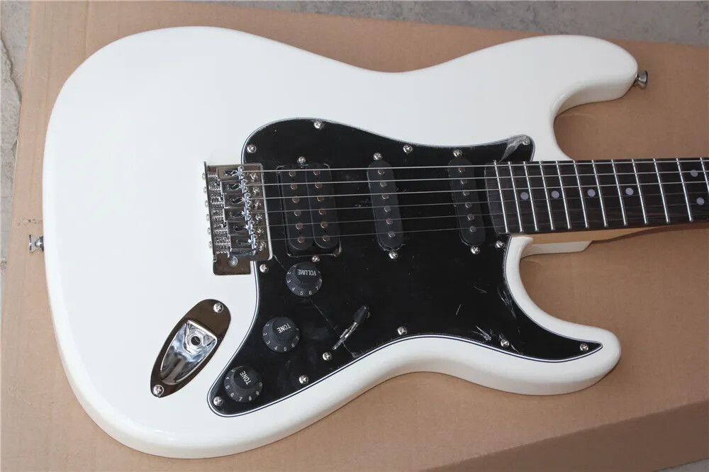 White Electric Guitar with Black Pickguard,SSH Pickups
