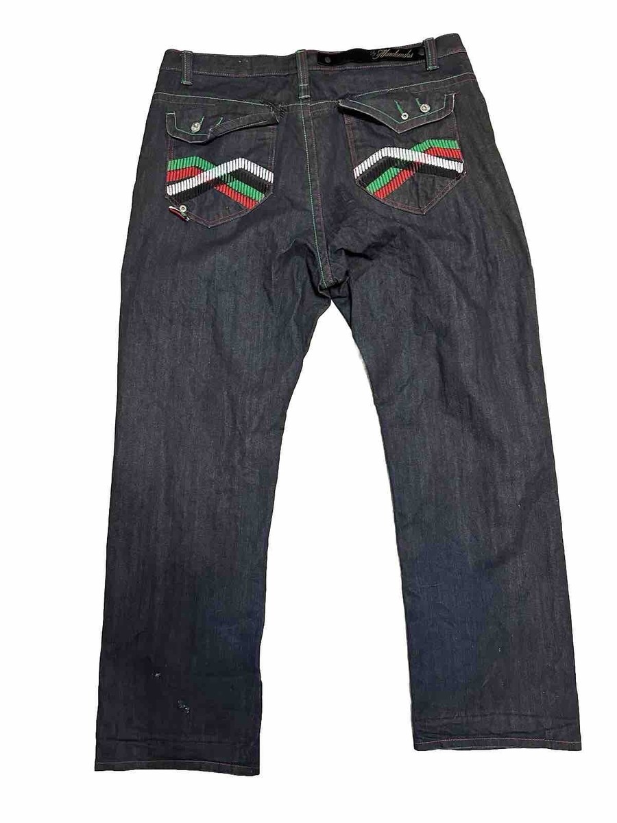 academiks デニムパンツ サイズ42 AKADEMIKS MENS Sz 42 JEANS EMBROIDERED Green/Red Stitch