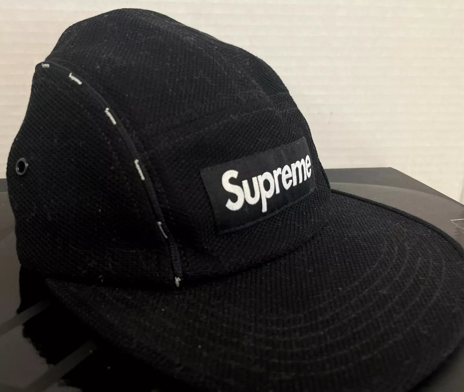 SS19 SUPREME PIQUE PIPING CAMP CASQUETTE LOGO 5 PANNEAUX CHAPEAU NOIR BLANC (H2