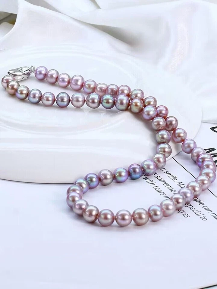 великолепный 9-10 мм Южное море круглый лаванда жемчуг ожерелье 18 дюймов 925s - Изображение 3 из 3