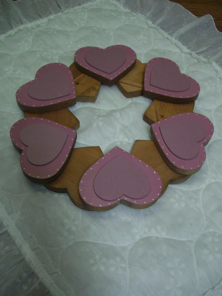 Placa de pared/puerta redonda de madera vintage hecha a mano de 13,5"/corazones malva/lunares blancos Foto 4 de 4
