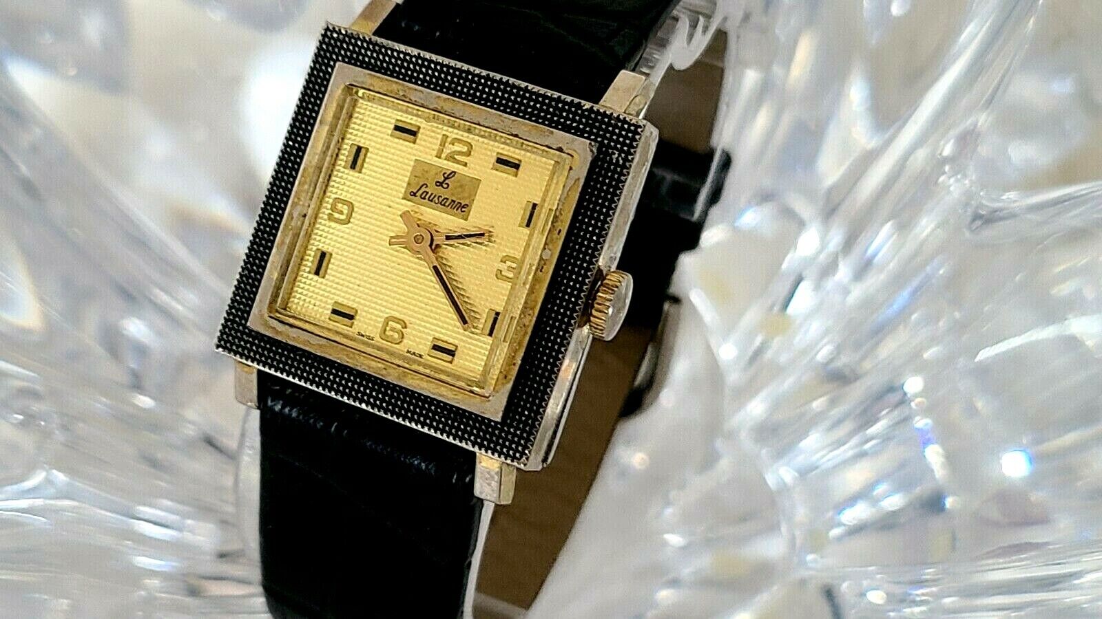 Vintage Lausanne Swiss Hand-Wind Gold-Dial Black-Leather Women's Watch (338)