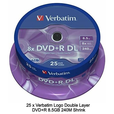 25 x Verbatim Logo Dual Double Layer DVD+R DL 8x Speed Discs 8,5GB 240M Shrinks