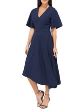 V By Very Macey Belted Angel Sleeve Prom Bow MIDI Dress - Navy Blue UK Size 12