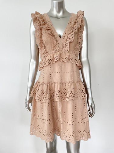Vestido para mujer BCBG Max Azria mezcla de lino 8 rubor arcilla con volantes mini rosa desnudo nuevo con etiquetas - Imagen 9 de 14