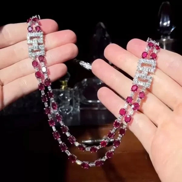 52ctw Created Oval Cut Ruby & Diamond Two Row Statement Necklace 14k Gold Plated - Image 3 of 4