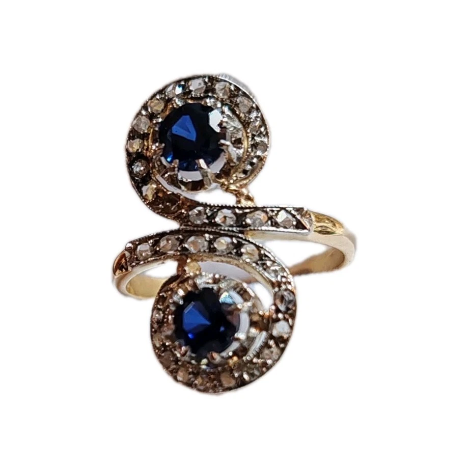 Bague toi et moi ancienne or 18 carats saphirs et diamants taille ancienne - Photo 4/4
