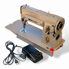 Vintage Tan 1953 Singer Sewing Machine Model 301A Pedal Slant Handle Long Table