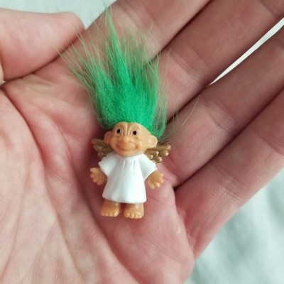 Russ 1'' Troll Doll Green Hair Gold Angel Wings Christmas Mini Miniature