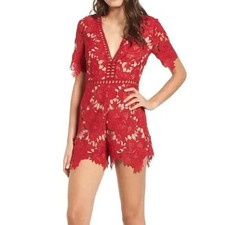 ASTR The Label Lace V-Neck Romper Red Nude size M Party Holiday Cocktail Cut Out