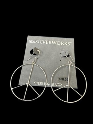 NOS Belk Silverworks Sterling Silver Large Peace Sign Dangle Earrings S1