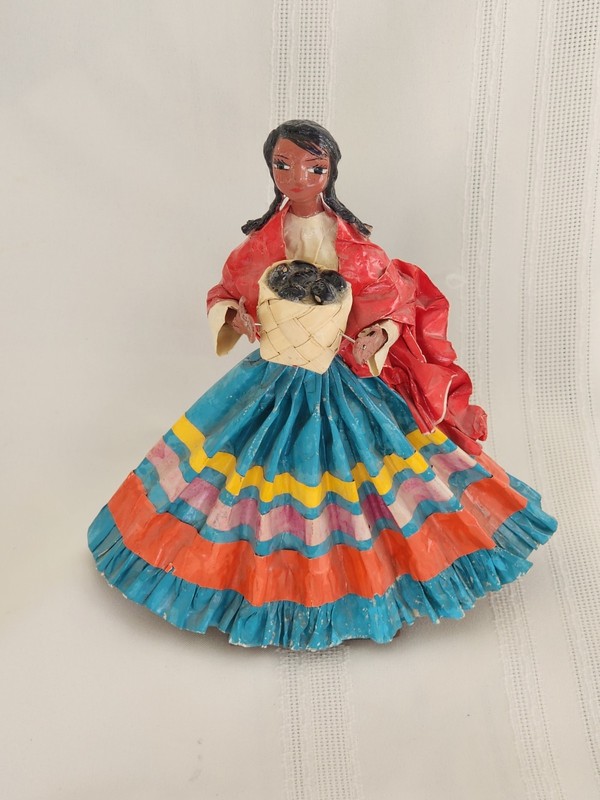 771.  Paper Mache Girl Holding A  Basket, 8 Inch Tall Bright Colors