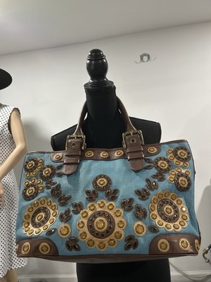 Isabella Fiore Large Teal And Brown Jeweled Tote.