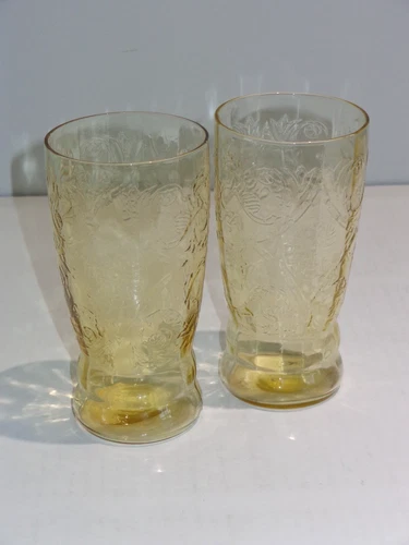 2 Amber Yellow Federal Depression Glass 5 1/2" Tumblers MADRID
