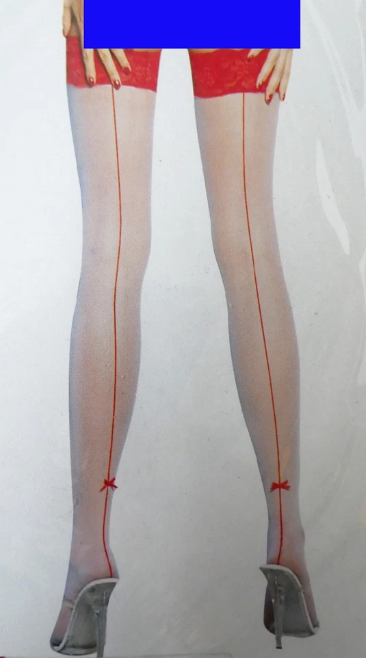 Leg Avenue Sheer White Seamed Stockings: Red Lace Contrast Tops, Seams and Bows - Image 2 of 4