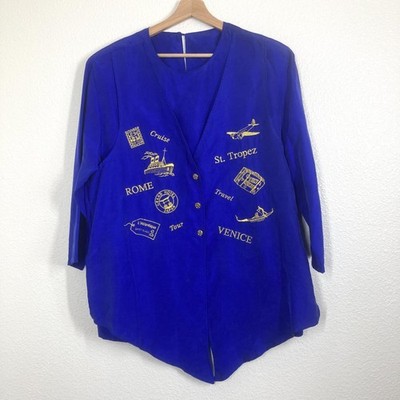 Vintage Strictly Silk Shirt Womens Medium Travel Embroidered Rome Venice St