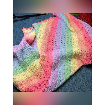 Handmade Crochet Knit Pastel Rainbow Striped Throw Lap Blanket Afghan 52'' x 50''