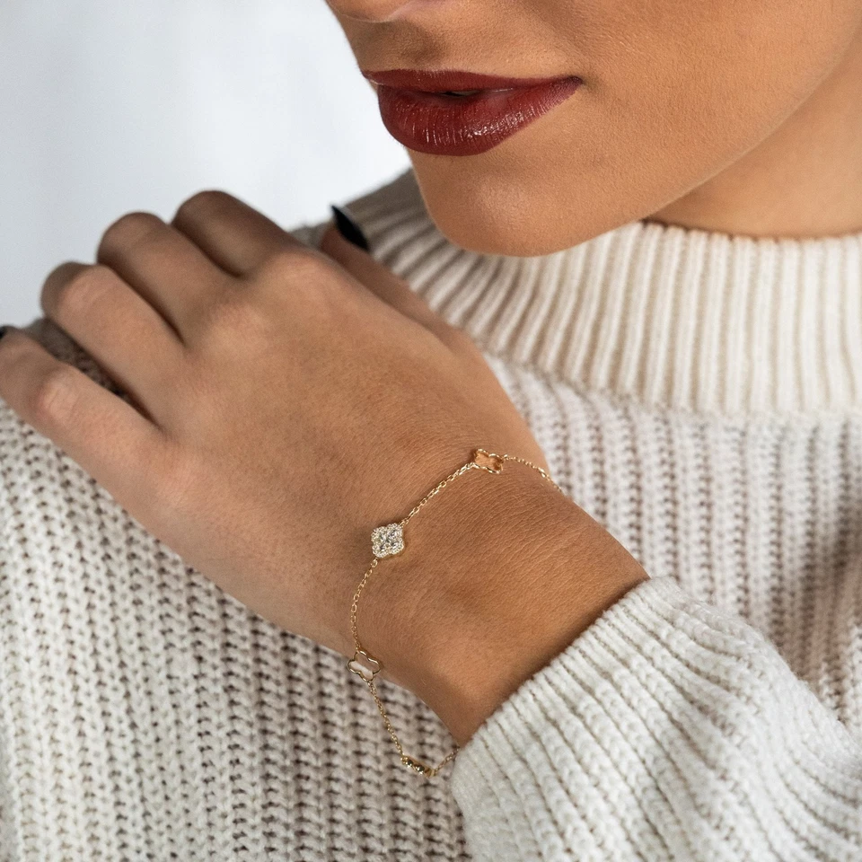 Brazalete de trébol de diamantes de oro amarillo de 9 quilates para dama - 7,5" - 2,6 g Foto 2 de 3