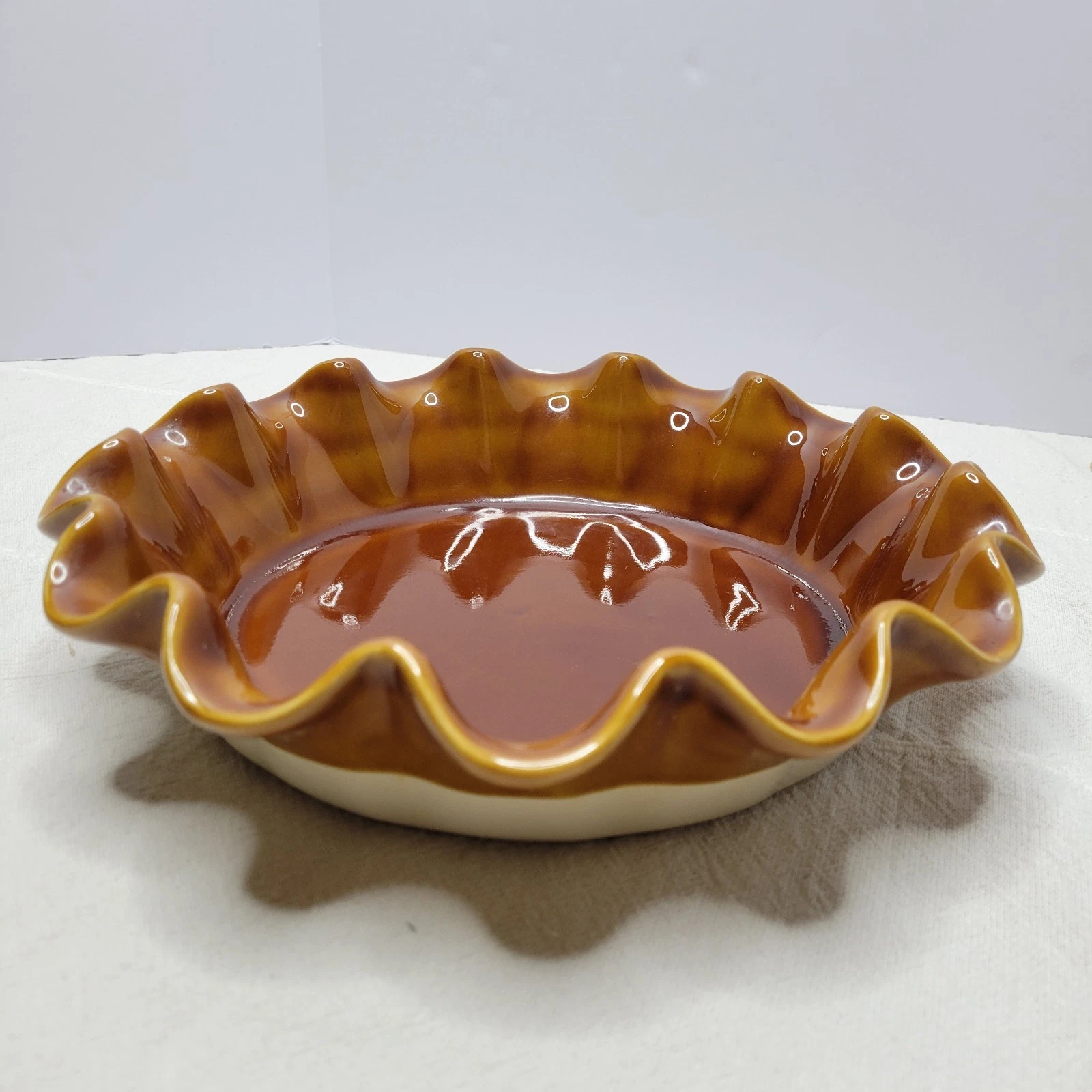 Vtg Emile Henry Ruffled Ceramic Pie Dish Artisan Caramel Deep Dish 10.5" France