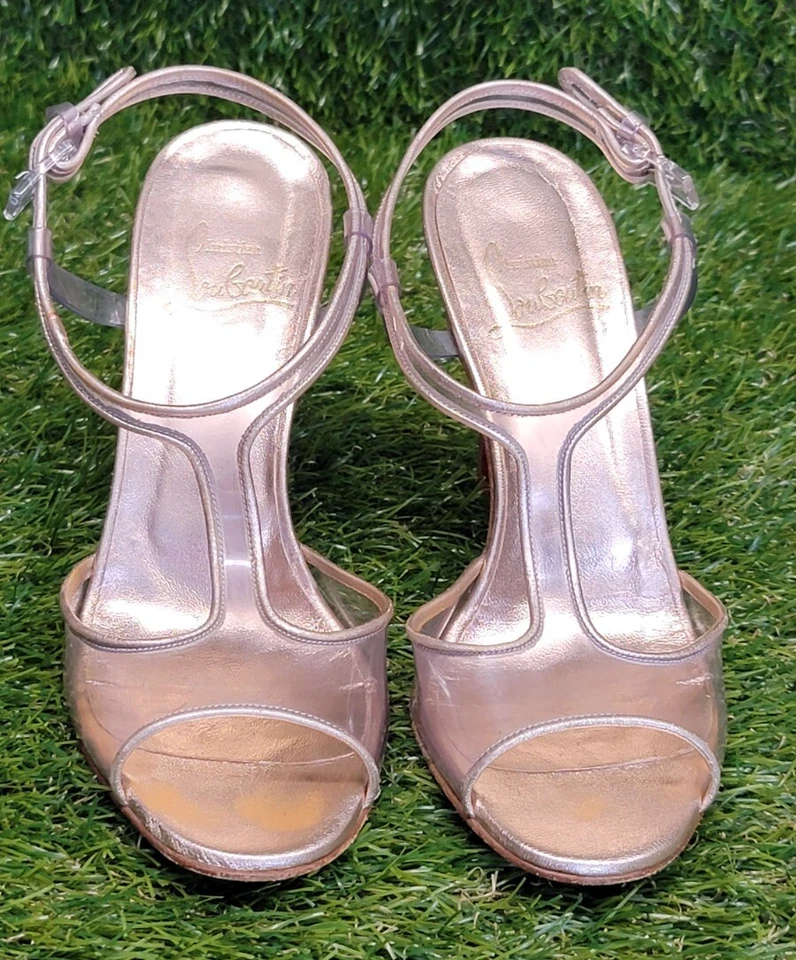 De colección Christian Louboutin Peep Toe Oro Rosa PVC Eslinga Tacones Traseros Italia 38 Foto 3 de 4