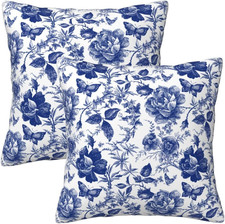 Blue and White Porcelain Floral Butterfly Pillow Covers 18X18 in Vintage Chinois