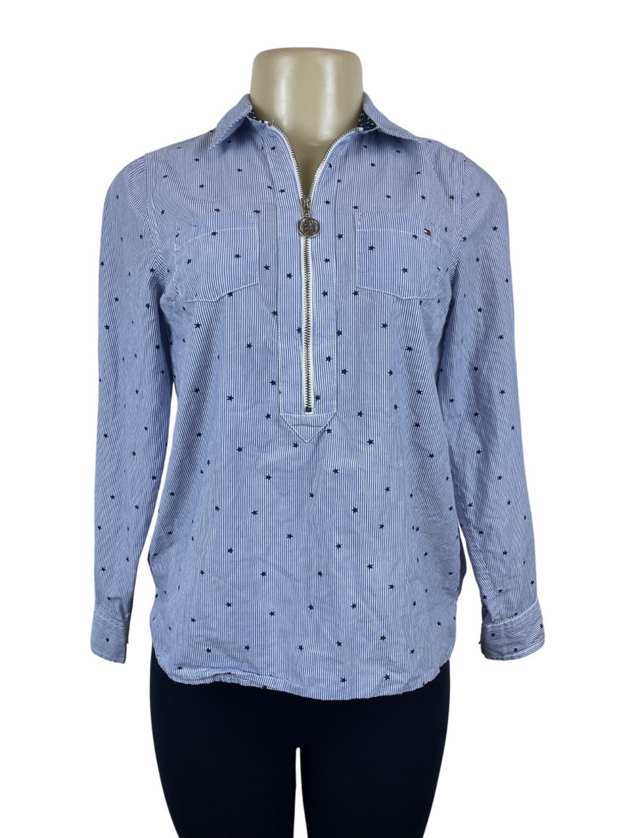 tommy hilfiger women's dress shirt Tommy Hilfiger Blue & White Striped Star Print Womens Long Sleeve Shirt Sz  PS