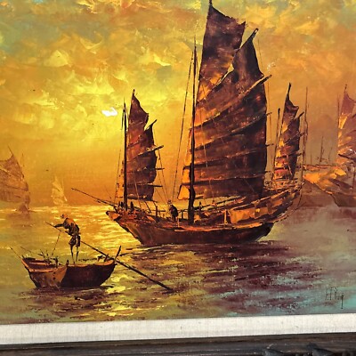 希少Painting on China お値下しました Chinese Junk Ship Oil Painting Signed S T Young Shu Tao Yang 27” X