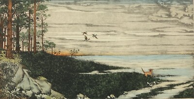 Dan Mitra VTG 70s Sunset Dog Ducks Shoreline Tree Landscape Hand Colored Etching