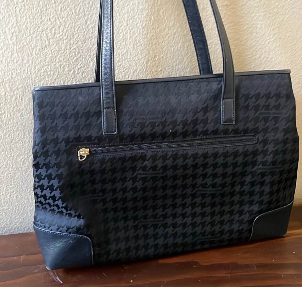 Antiga bolsa Pierre Cardin monograma jacquard preta alças de couro duplas - Imagem 4 de 4