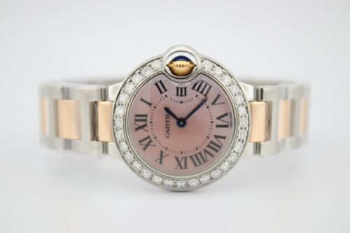 CARTIER BALLON BLEU 28MM 18K ROSE GOLD & STEEL DIAMOND ENCRUSTED W6920034