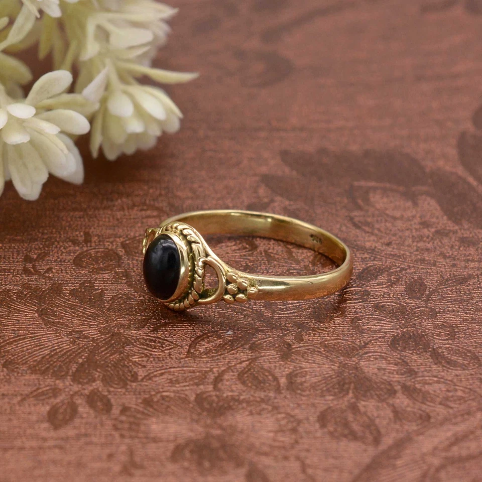 Black Onyx Ring Brass Gold Women Ring Promise Engagement Ring Gift For mother - Image 2 of 4