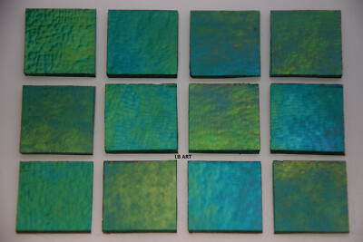 1417.31 -12 TRANSPARENT IRIDIZED EMERALD GREEN 1'' x 1'' BULLSEYE 3mm GLASS 90 COE