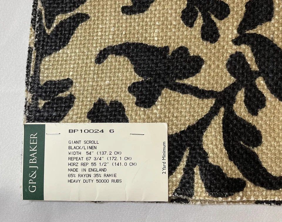 GP & J Baker Lee Jofa Giant Scroll Fabric Rayon/Ramie Black & Tan Jute 26” Sq - Image 4 of 4