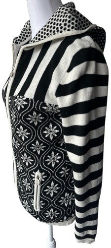 Neve Ski Sweater Womens Sz M Black White Snowflake Floral Wool Blend Full Hooded - Picture 4 of 12