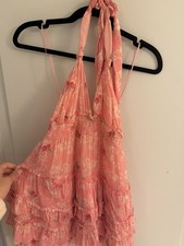 LoveShackFancy Pink Floral Ruffle Halter Mini Sundress Cotton Chiffon Size M