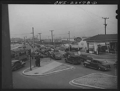 Baltimore, Maryland. Traffic jam as workers of the first shift leave the