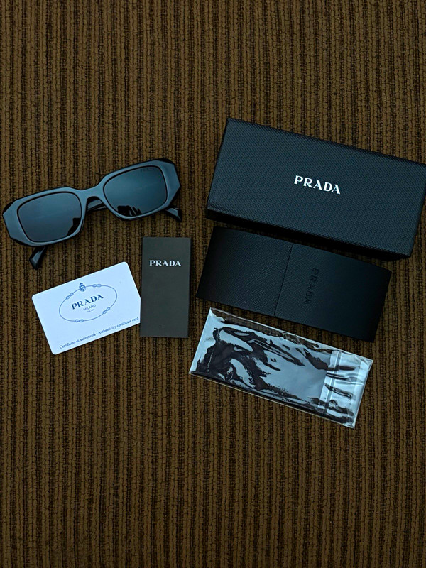 PRADA Rectangular Sunglasses Black Plastic Frame Gray Tinted Lenses Case Box