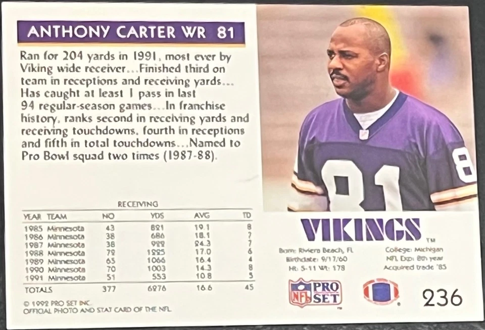 1992 Pro Set Football Anthony Carter Minnesota Vikings Autographed Card - Image 2 of 2