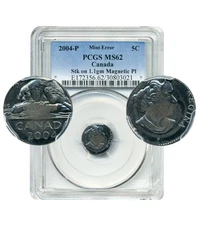 2004P Canada 5 Cents, MINT ERROR, Struck on 1.1g Magnetic Plan - PCGS MS62