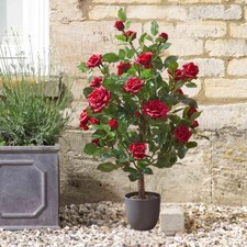 Artificial Rose Bush Tree Potted Plant Red Faux Flowers Home Decor Garden Porch